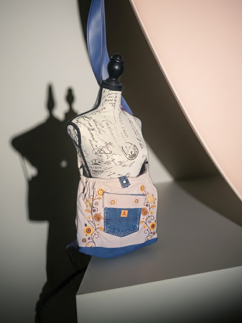 Embroidered Floral Canvas Crossbody Bag in Light Pink and Blue